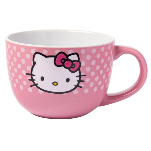 Silver Buffalo Hello Kitty face on pink polka dots mug, perfect for cozy mornings.