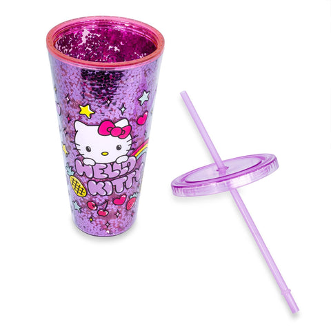 Decorative fruits, stars, and rainbows brighten the Hello Kitty cup.