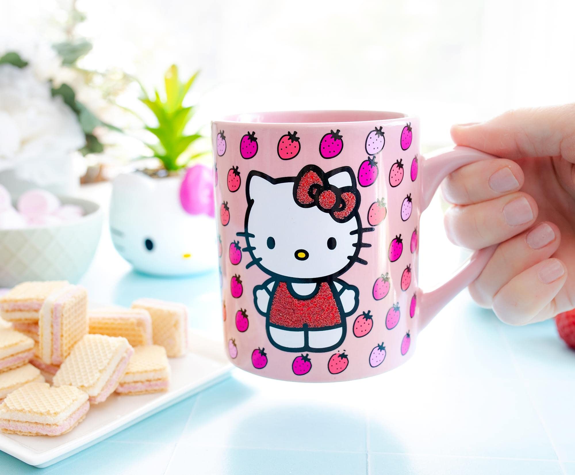 Silver Buffalo Sanrio Hello Kitty mug closeup, officially licensed design.