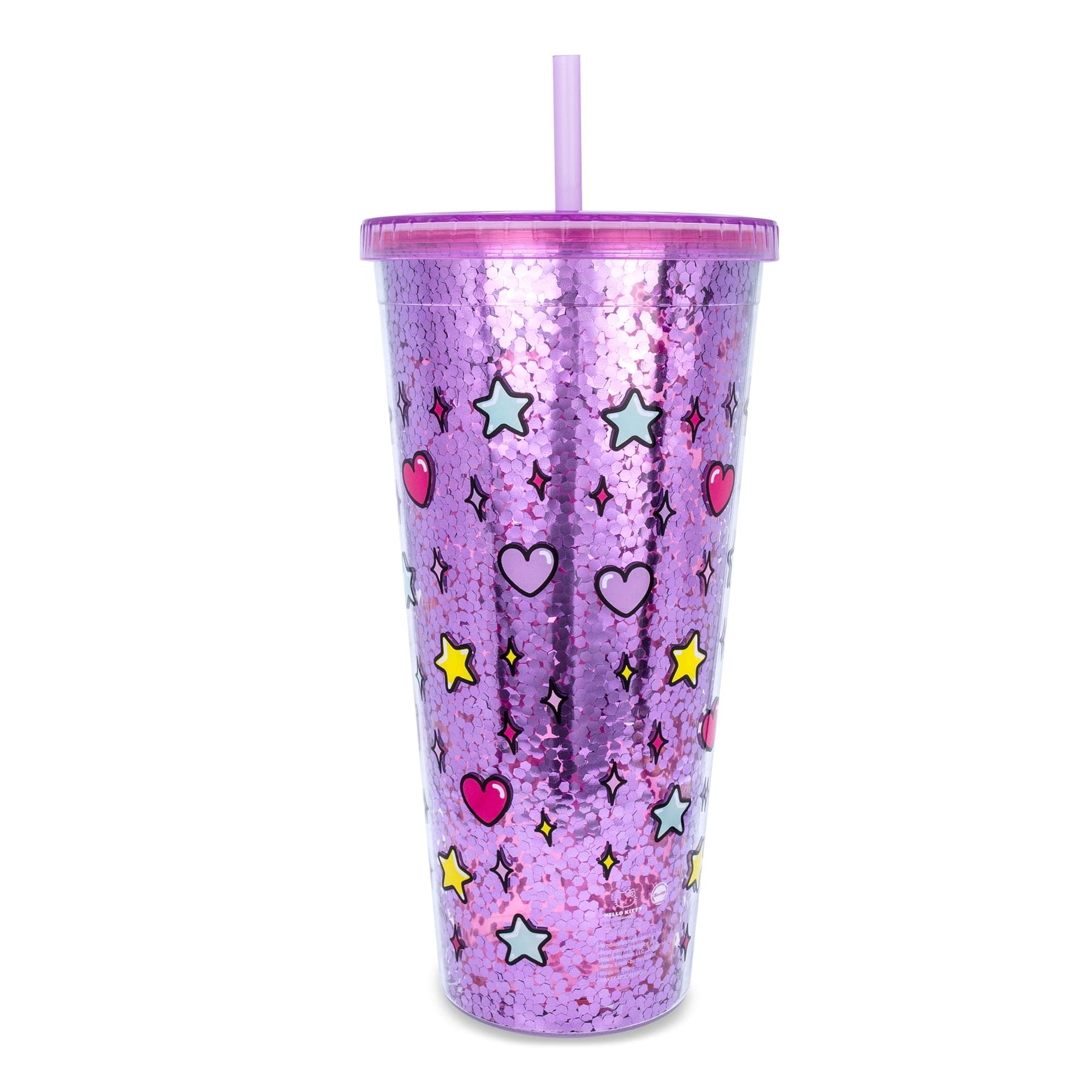 Pink and purple travel tumbler with Hello Kitty design for stylish commutes.