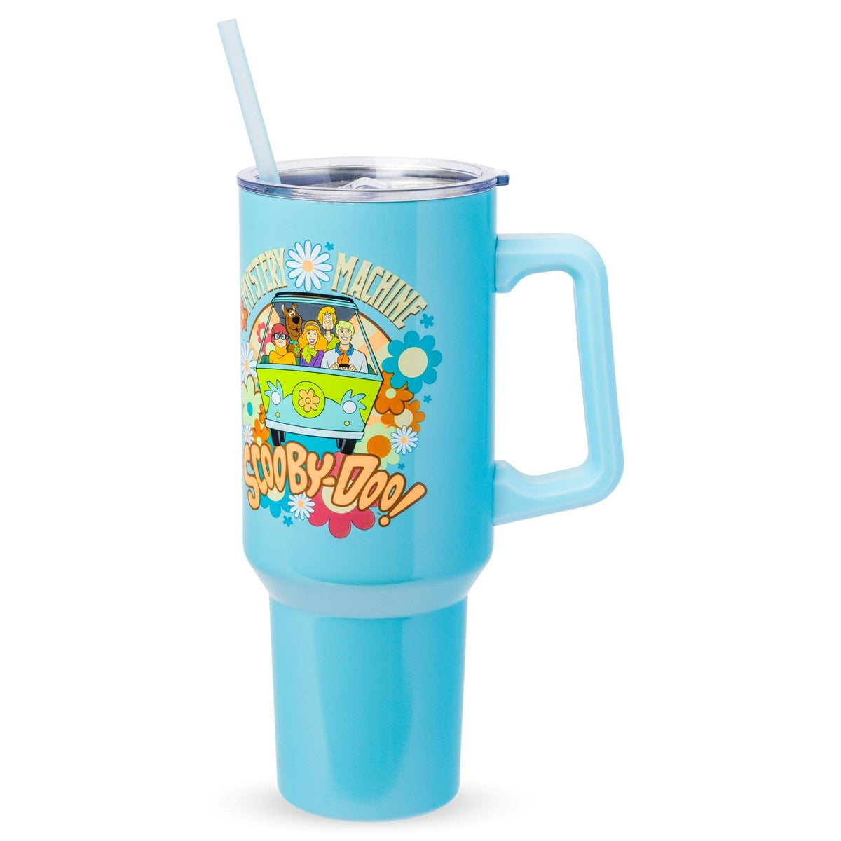 Silver Buffalo Scooby-Doo Mystery Machine 40oz tumbler with vibrant blue design keeps beverages on the move.