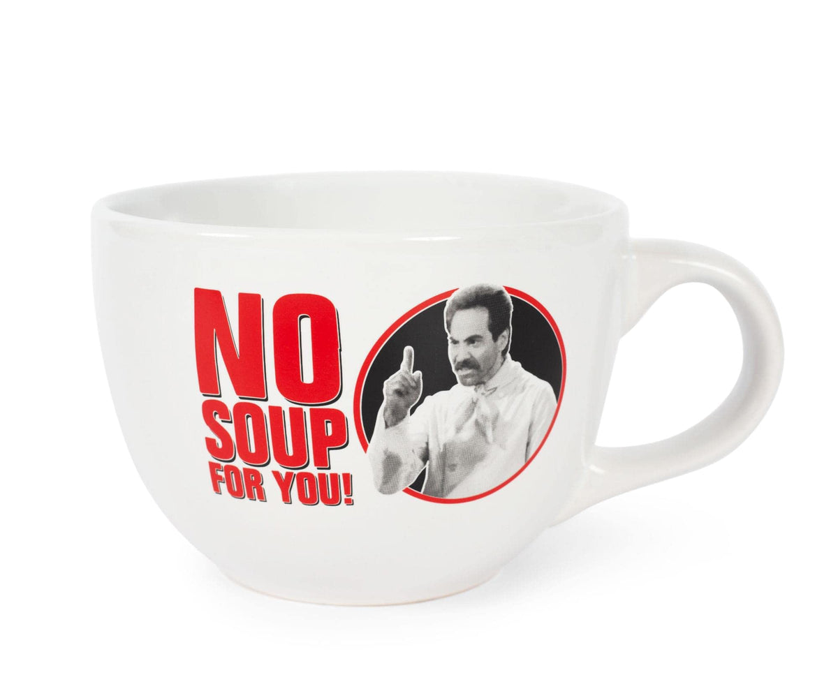 Silver Buffalo Seinfeld mug showing No Soup For You text, ideal for soups and coffee.