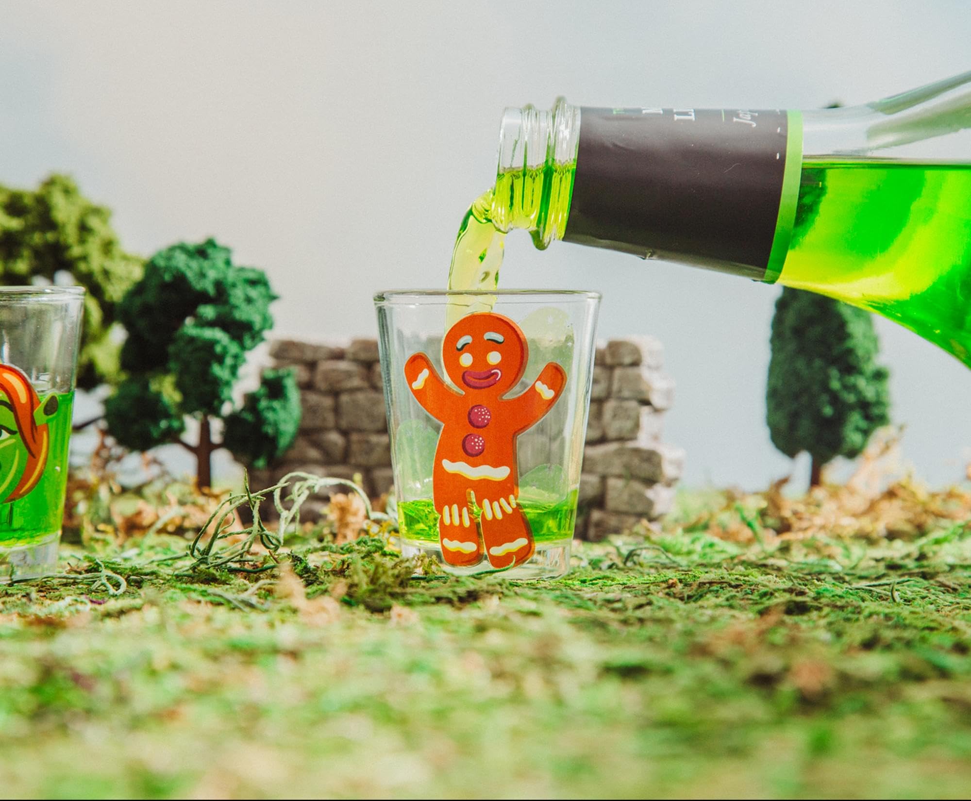 Shrek character mini shot glasses ready for festive table displays.