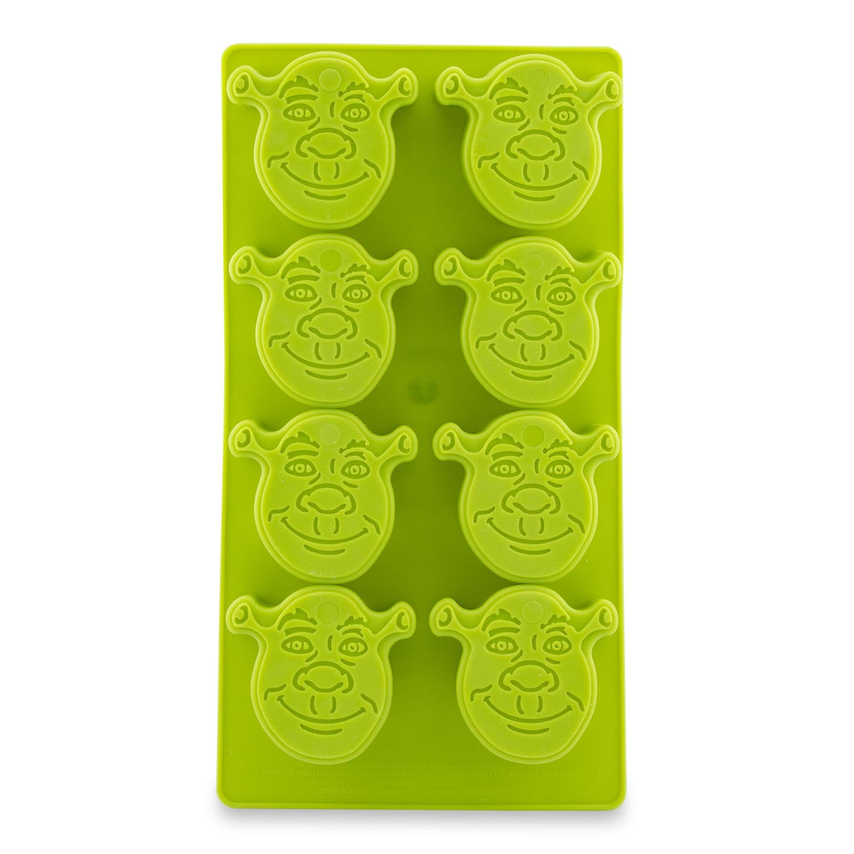 Silver Buffalo Shrek ice mold showing eight smiling ogre faces for fun drinks.