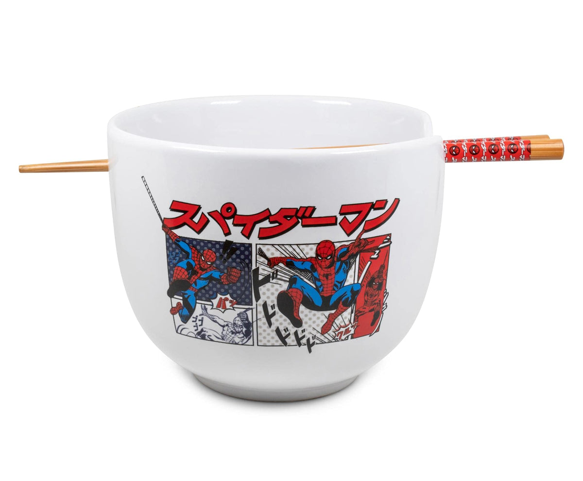 Silver Buffalo Spider-Man ramen bowl with chopsticks for easy, themed meals.