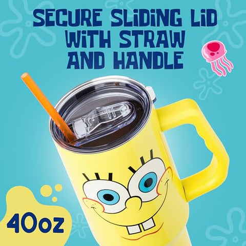 Ergonomic handle on the Silver Buffalo SpongeBob tumbler for easy carrying on commutes.