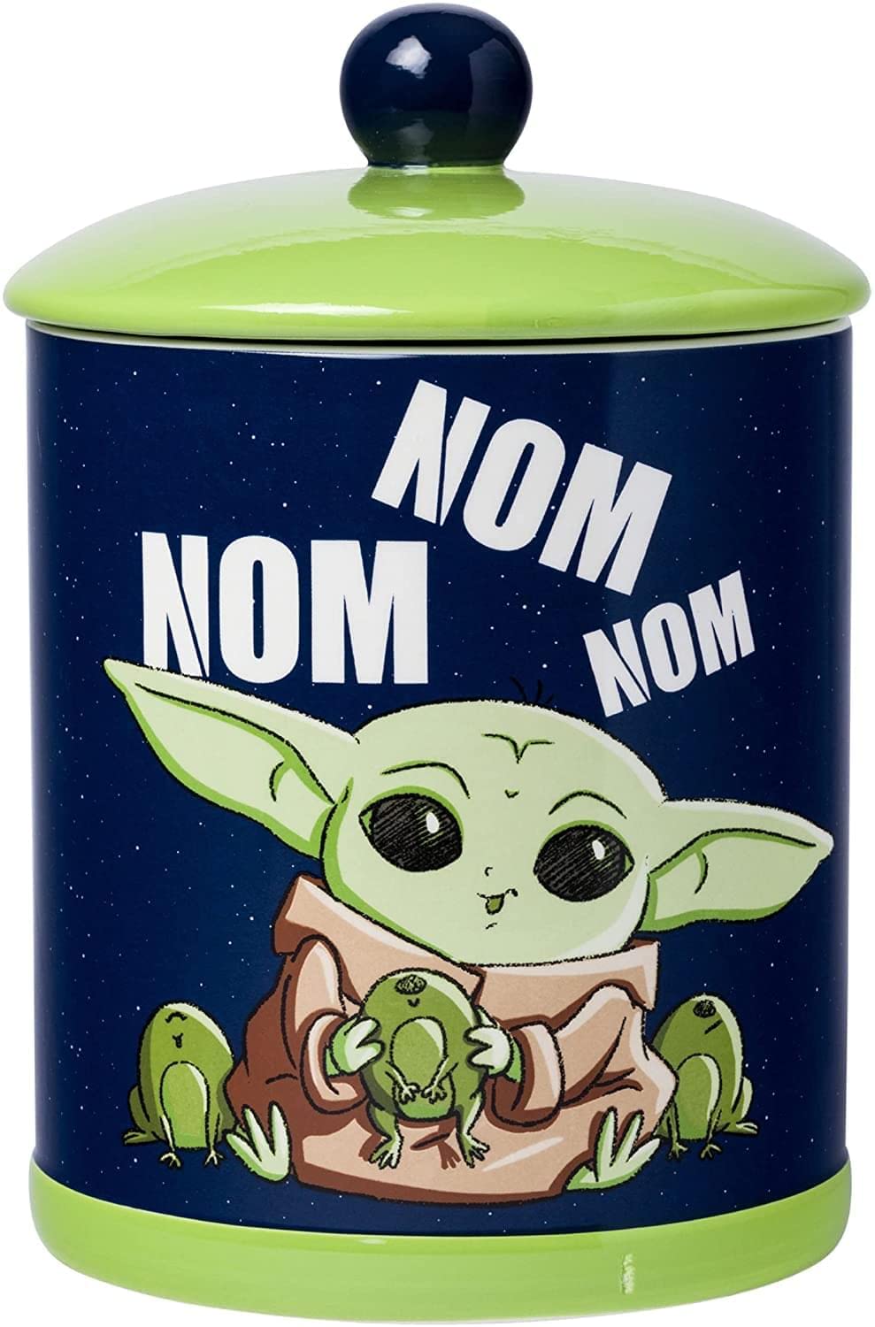 Silver Buffalo Baby Yoda Nom Nom snack jar front view for cookies and treats.