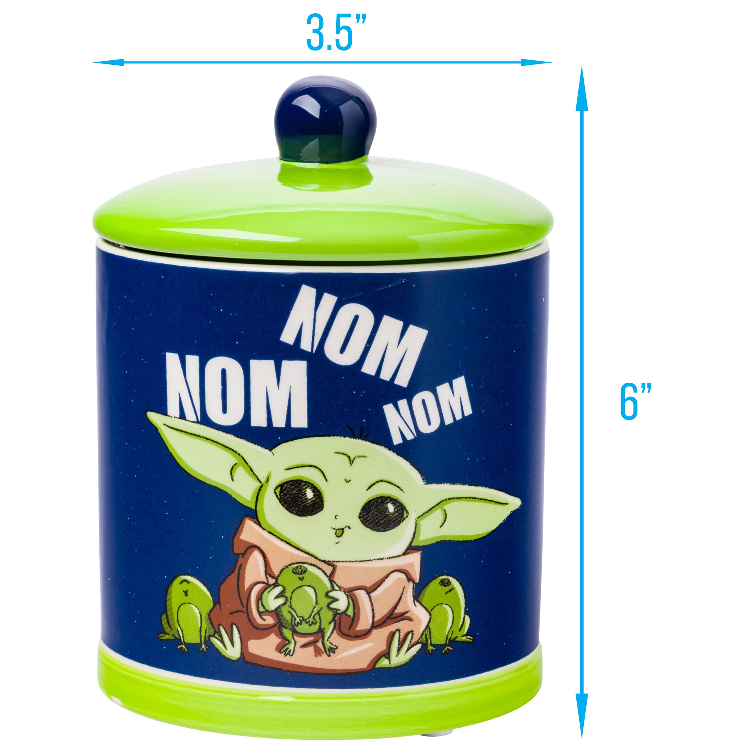 Side view of Baby Yoda design on a compact ceramic canister.