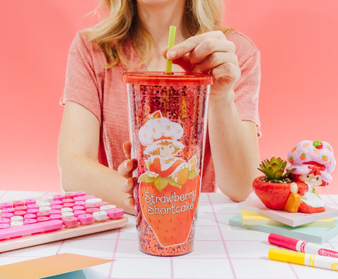 Silver Buffalo Strawberry Shortcake Confetti Cup green straw for easy sipping