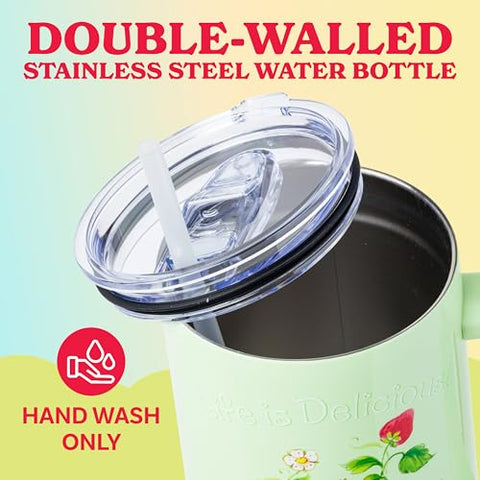 Silver Buffalo Strawberry Shortcake illustration on a green tumbler, nostalgic design.