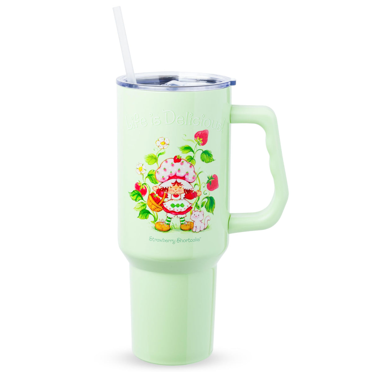 Silver Buffalo Strawberry Shortcake tumbler with green lid and handle, ideal for on-the-go hydration.
