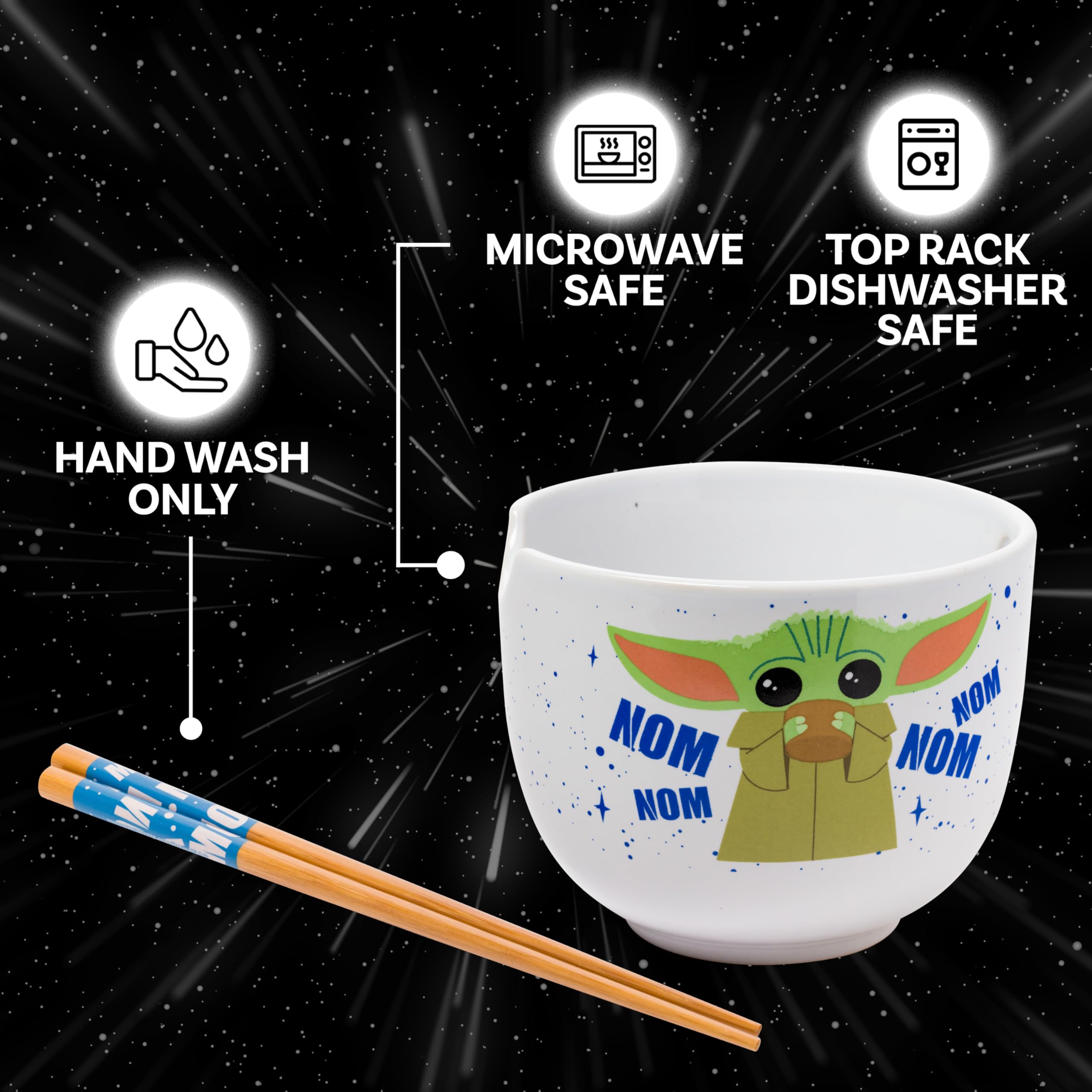 White ceramic bowl close-up showing Baby Yoda design and scene.