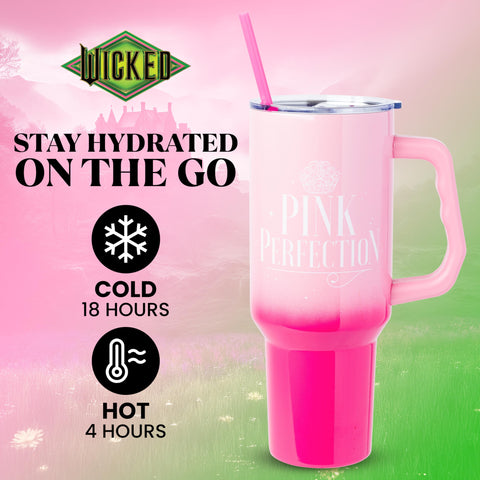 Glinda ombre pink 40oz tumbler by Silver Buffalo highlighting the official Wicked design.