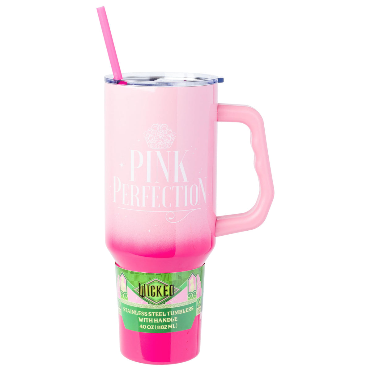 Silver Buffalo Wicked Glinda pink 40oz tumbler with handle and ombre design, ideal for on-the-go hydration.