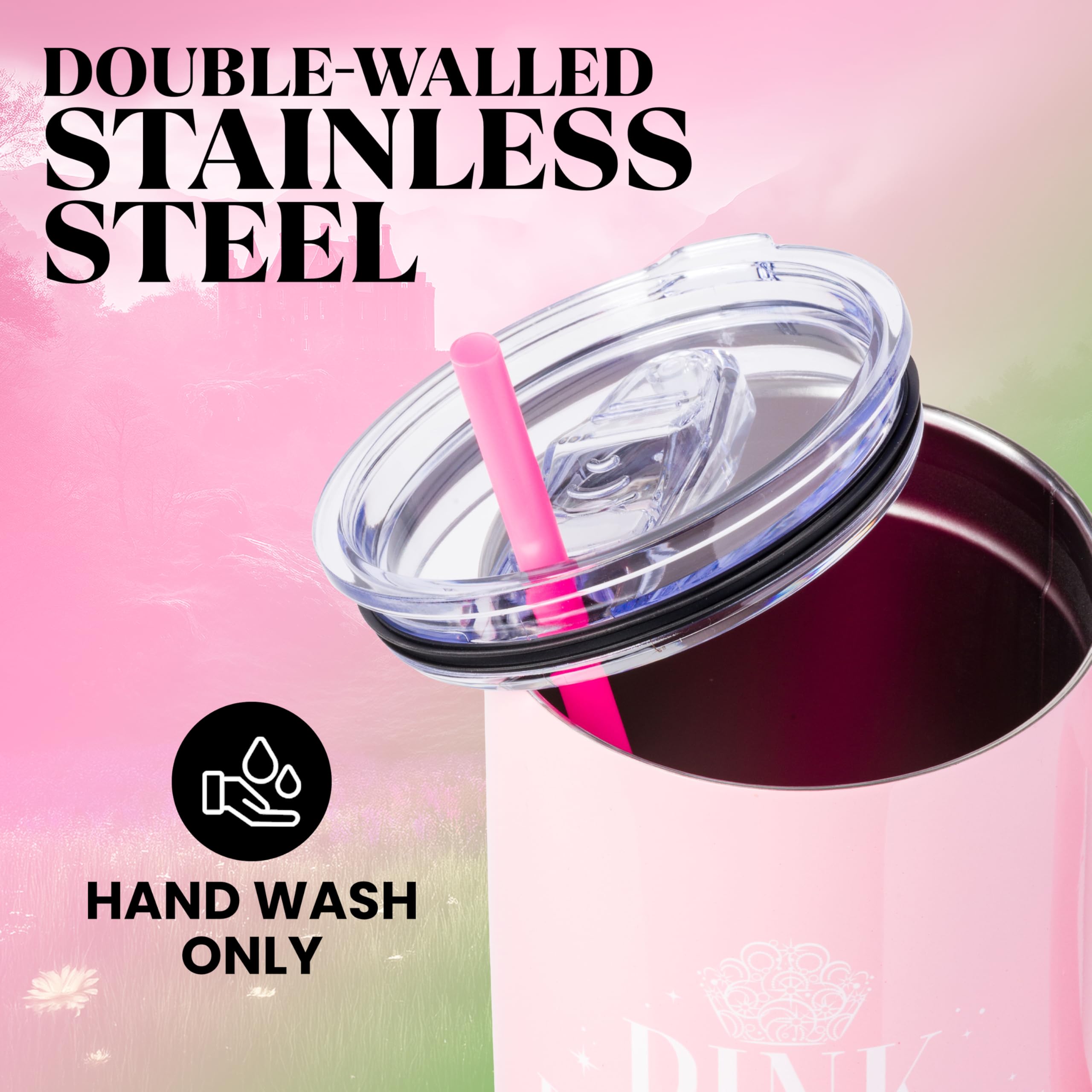Spill-resistant lid on Silver Buffalo Wicked Glinda tumbler for mess-free travel.