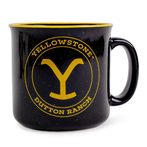 Silver Buffalo Yellowstone camper mug with Y crest, trail-ready hot coffee