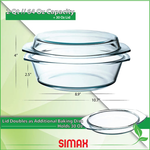 SIMAX oven-safe clear glass shows food while cooking and serving.