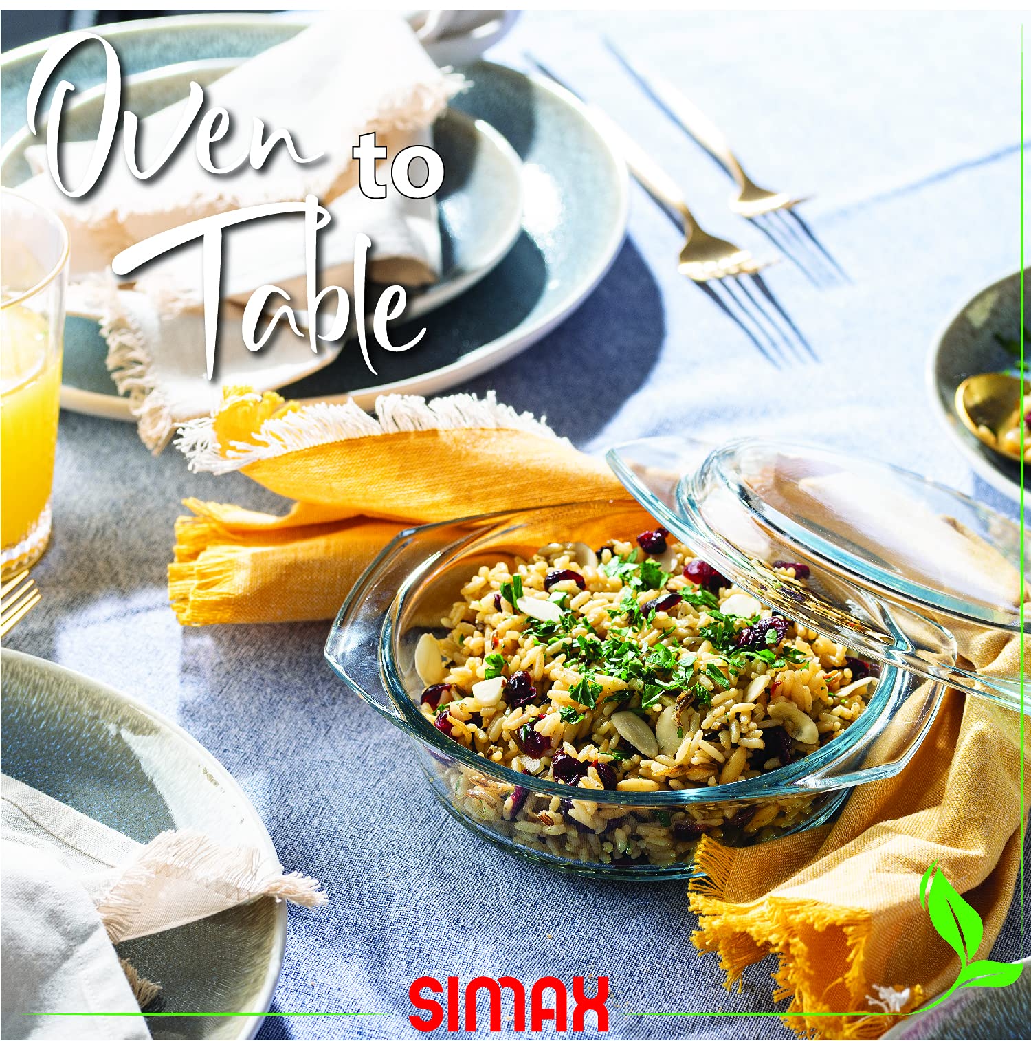 SIMAX casserole dish on table ready for serving family-style meals.