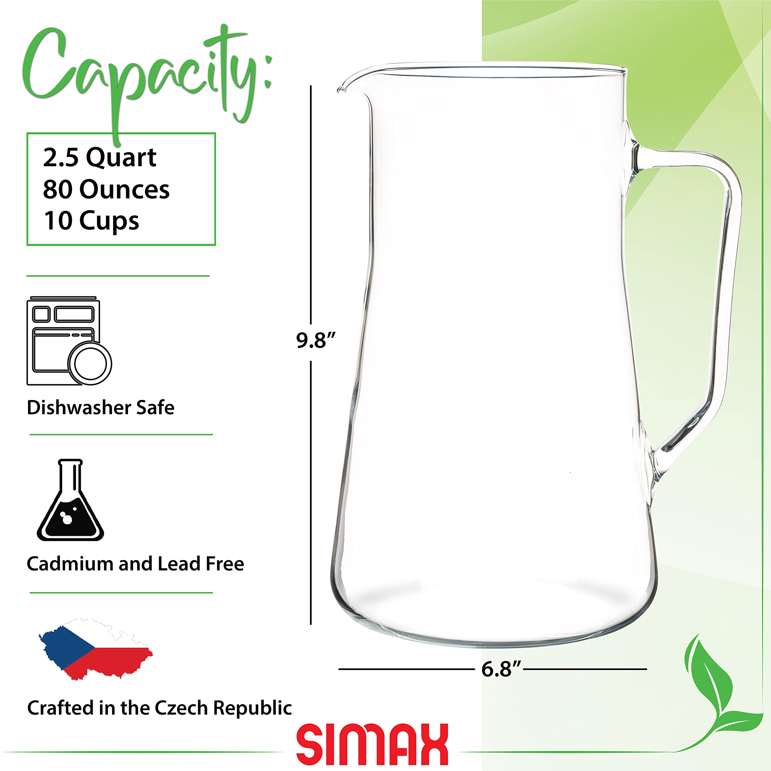 SIMAX large glass pitcher handle offers easy grip for serving chilled drinks.