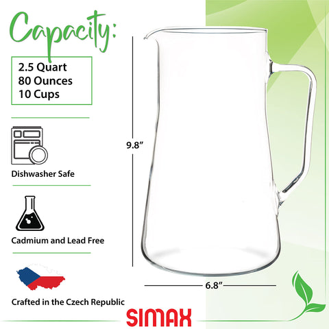 SIMAX large glass pitcher handle offers easy grip for serving chilled drinks.