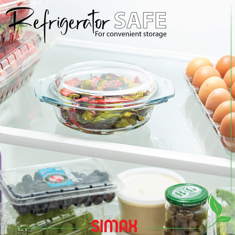 SIMAX oven-to-table dish with flat lid ideal for stacking in the fridge.
