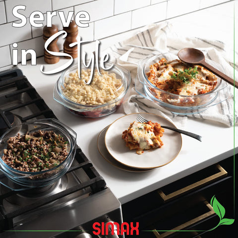 SIMAX 1-5qt round glass casserole for quick microwave reheating.