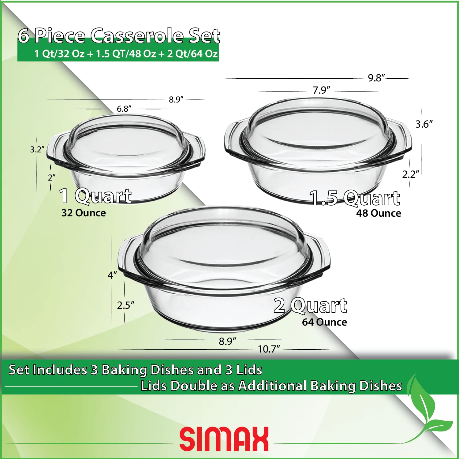 SIMAX 1qt round glass casserole for oven-to-table serving.