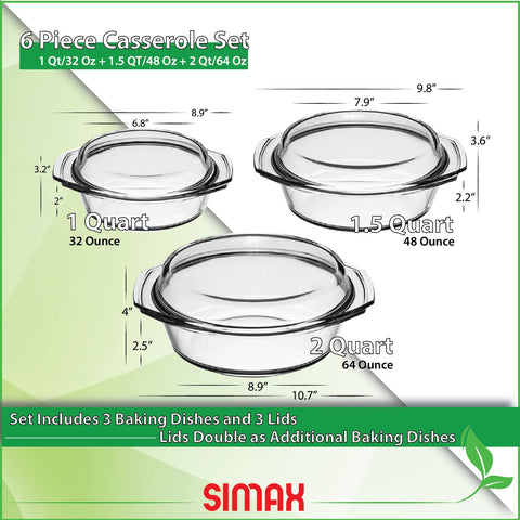 SIMAX 1qt round glass casserole for oven-to-table serving.