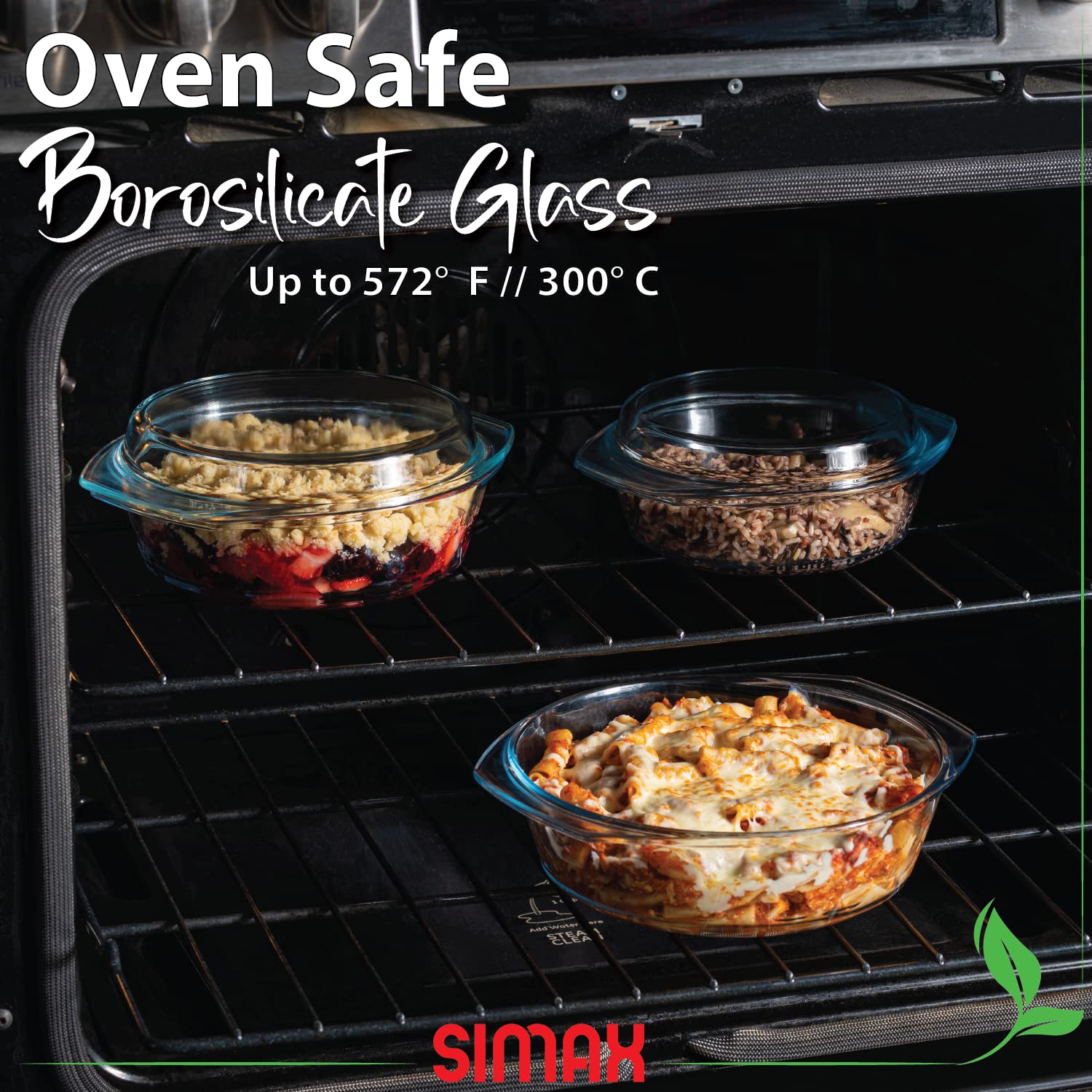 SIMAX 2qt round glass casserole ideal for family meals and storage.