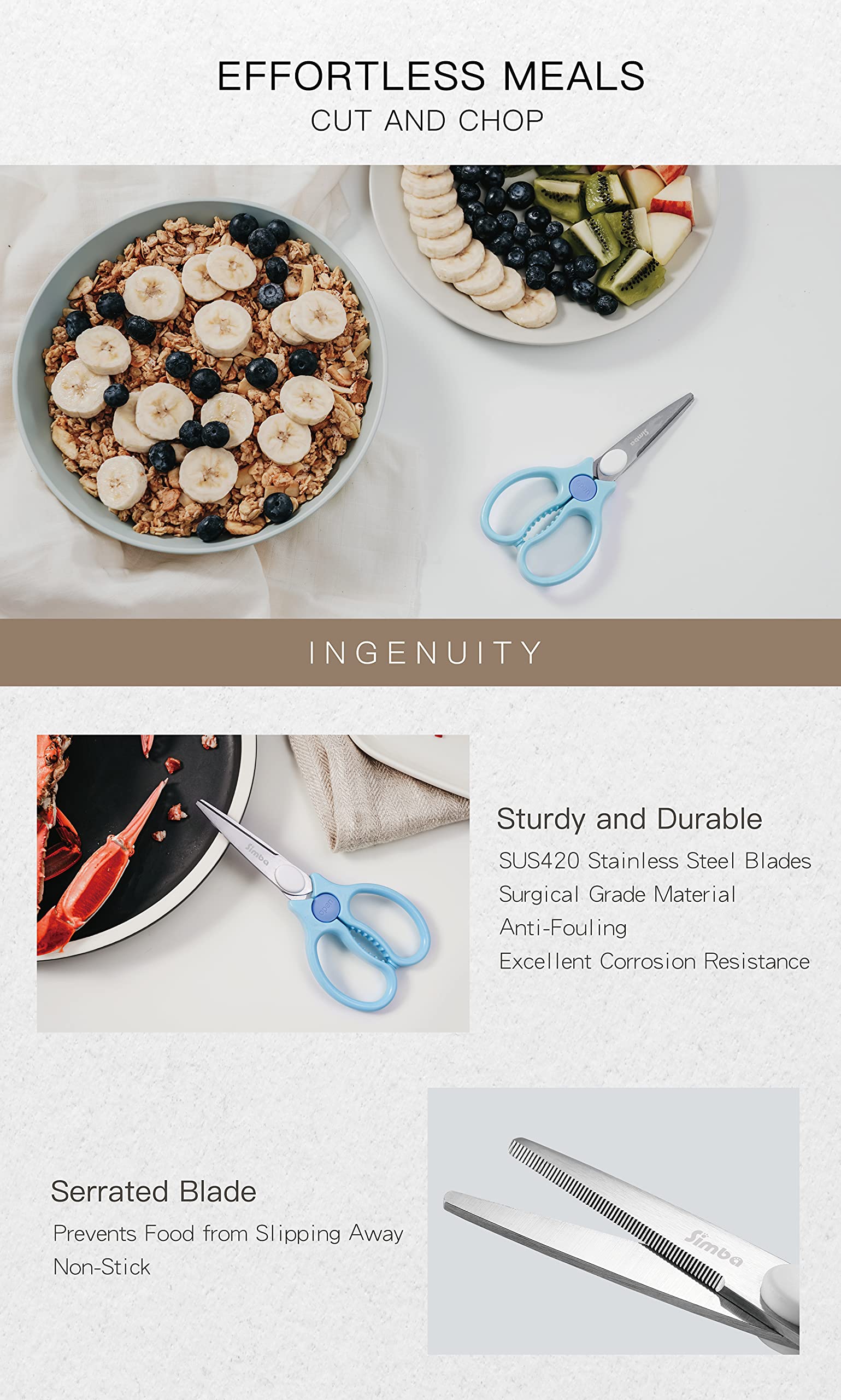 Simba food scissors blue holder keeps blades clean during travel.