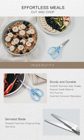 Simba food scissors blue holder keeps blades clean during travel.