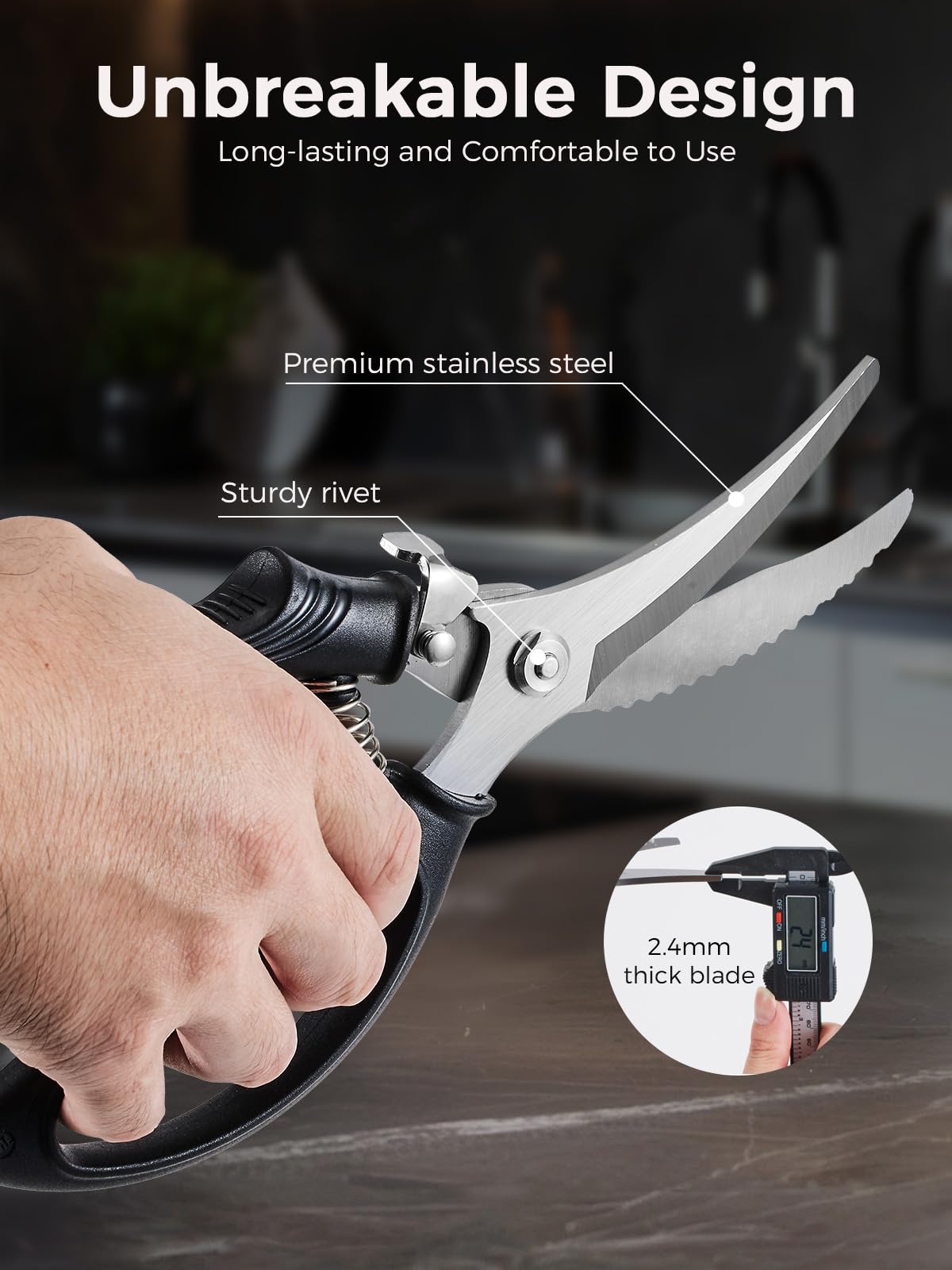 SimCoker poultry shears cut bones and tough joints with control.