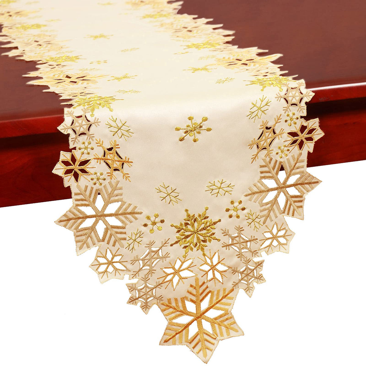 Simhomsen embroidered gold snowflakes table runner for festive holiday dining