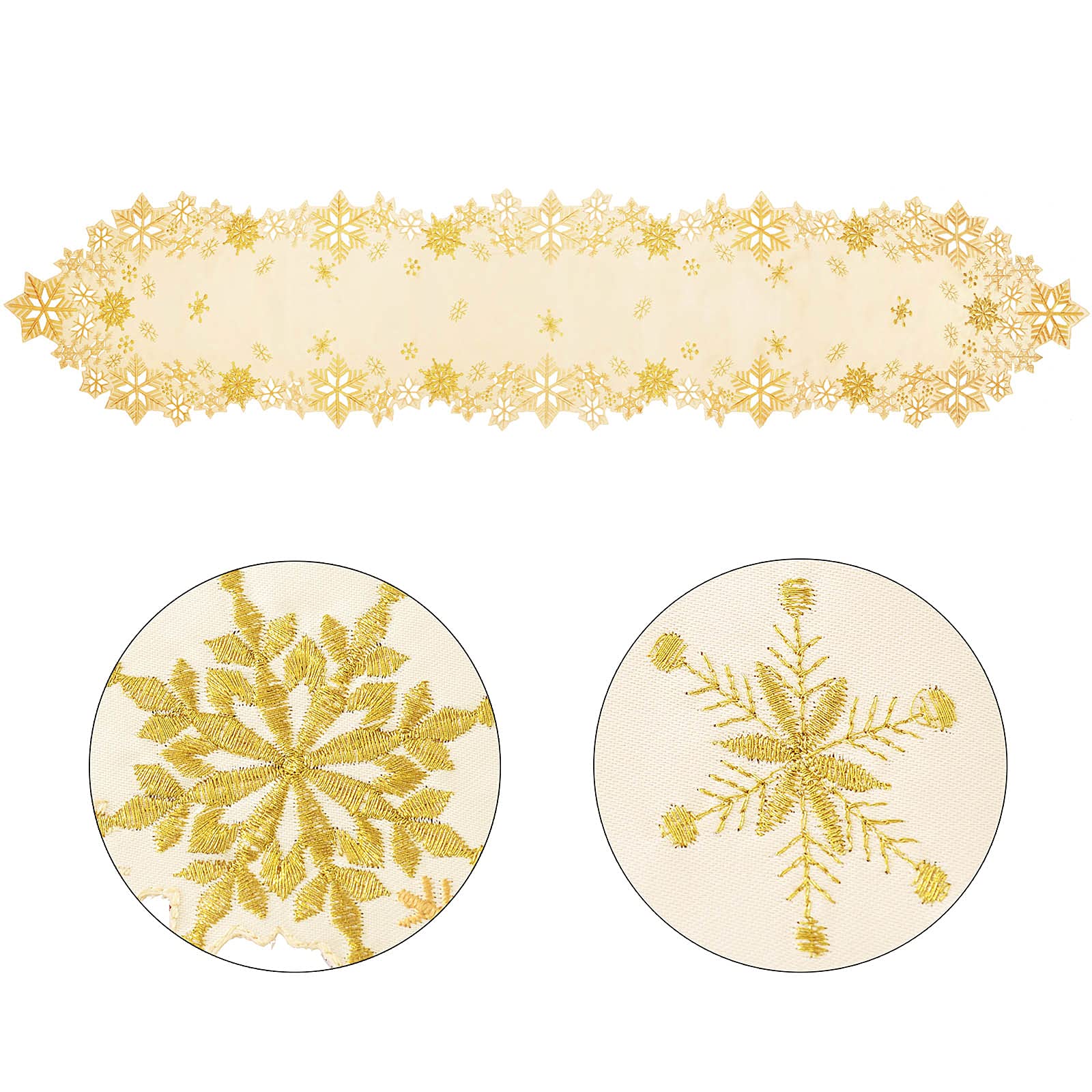 Simhomsen gold snowflakes table runner's weight keeps it in place on tables