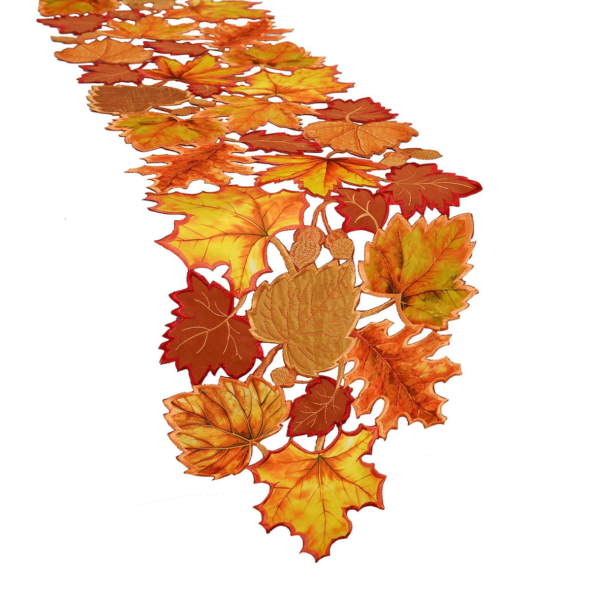 Simhomsen embroidered leaves table runner closeup stitching highlights craftsmanship for fall tables