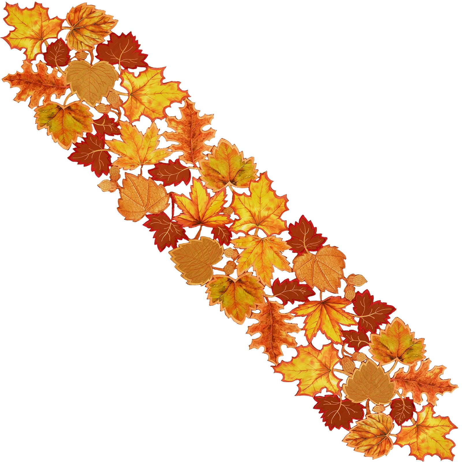 Simhomsen embroidered leaves table runner detailed corner shows rich autumn tones