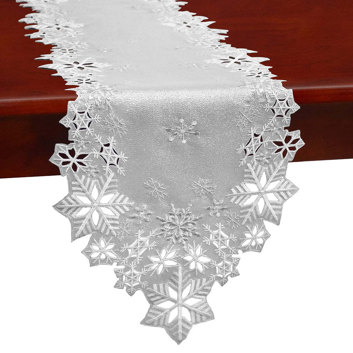 Simhomsen embroidered silver snowflakes table runner enhances holiday table decor