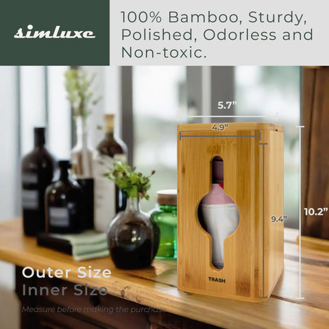 Simluxe trash bag dispenser hinged lid enables quick refills without losing the lid.