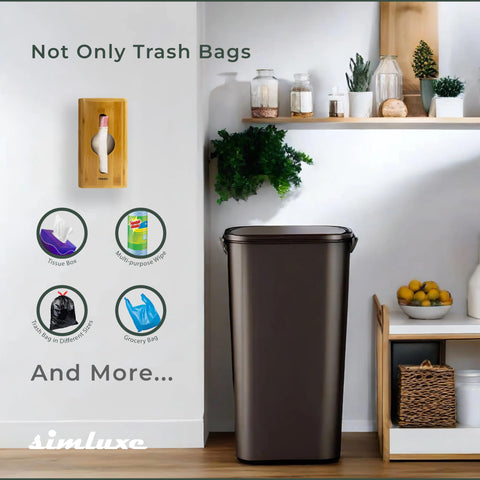 Simluxe trash bag dispenser loaded with standard 13-gallon rolls for easy use.