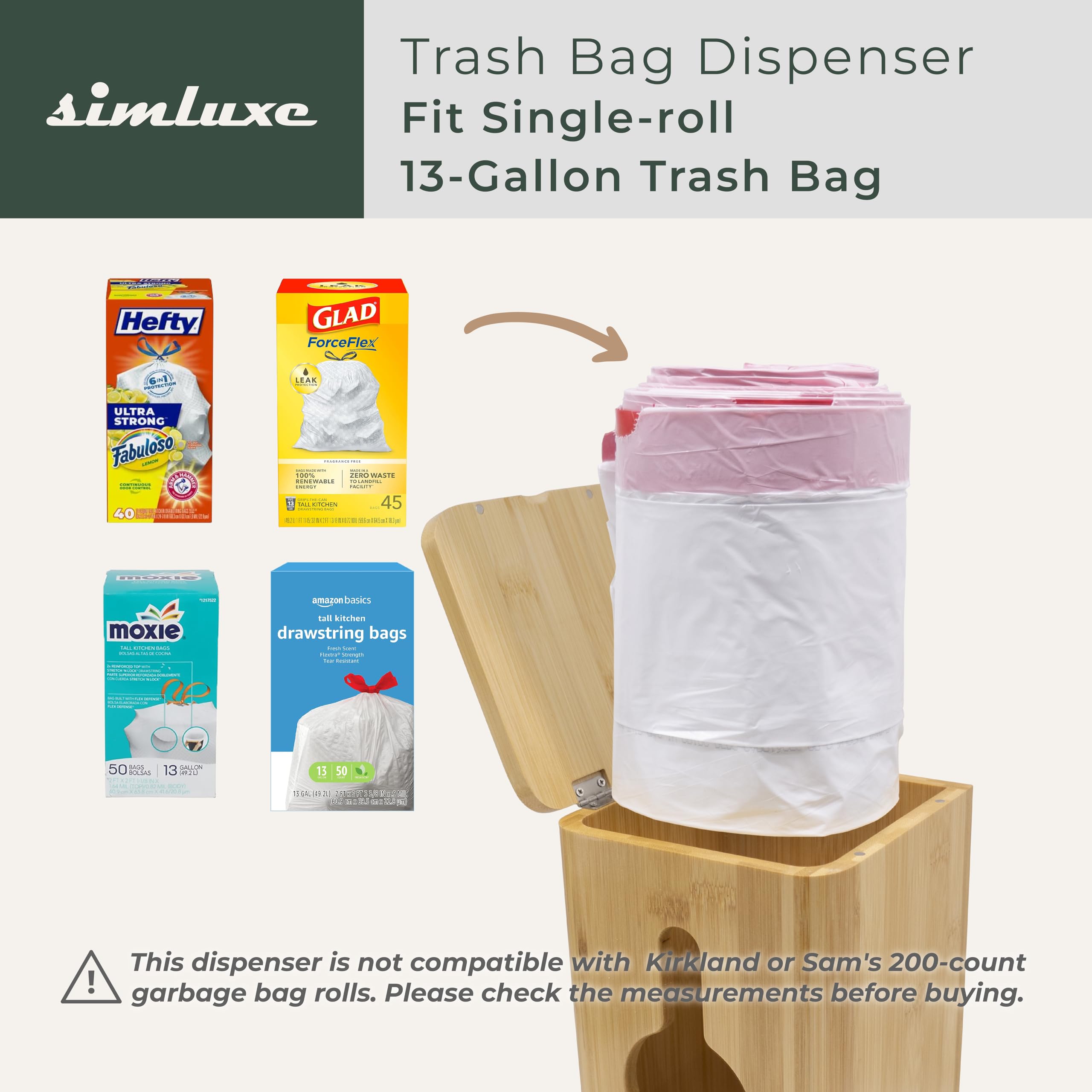 Simluxe trash bag dispenser stackable setup saves counter space and organizes bags.