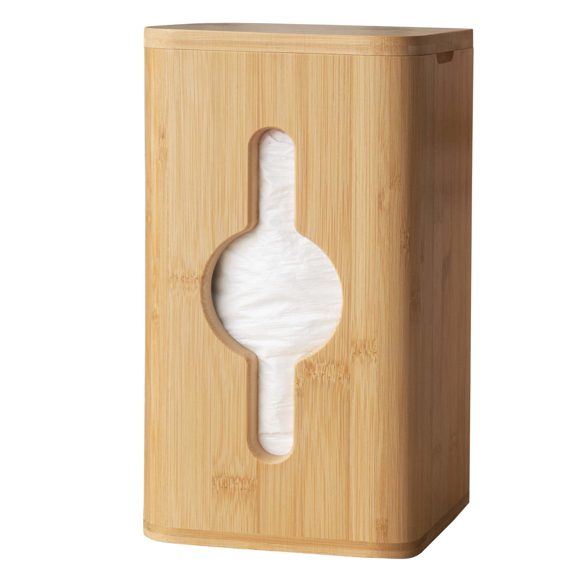 Simluxe trash bag dispenser wall mount with bamboo body for a tidy kitchen.