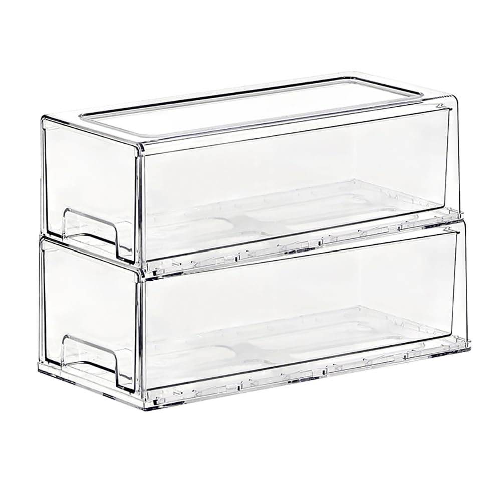 SIMPEXPE stackable drawer front view showing a clear, space-saving organizer for pantry and fridge