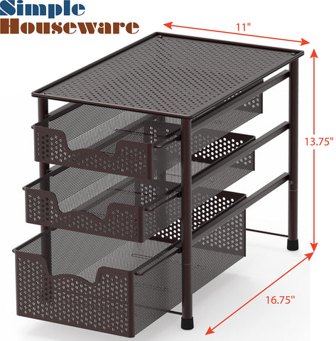 Two-drawer bronze organizer with top surface, versatile storage in use.