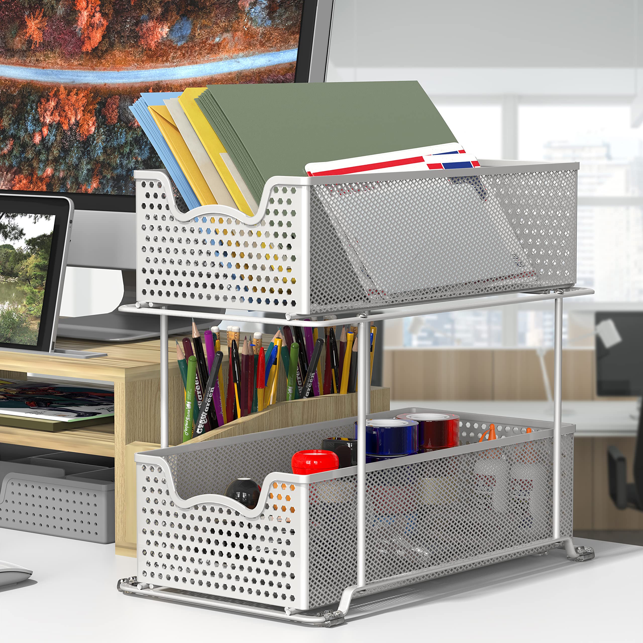 Simple Houseware 2-tier sliding drawer open shows smooth operation in cabinet
