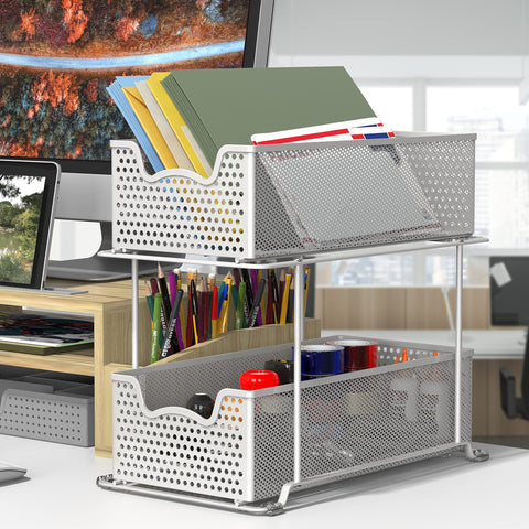 Simple Houseware 2-tier sliding drawer open shows smooth operation in cabinet
