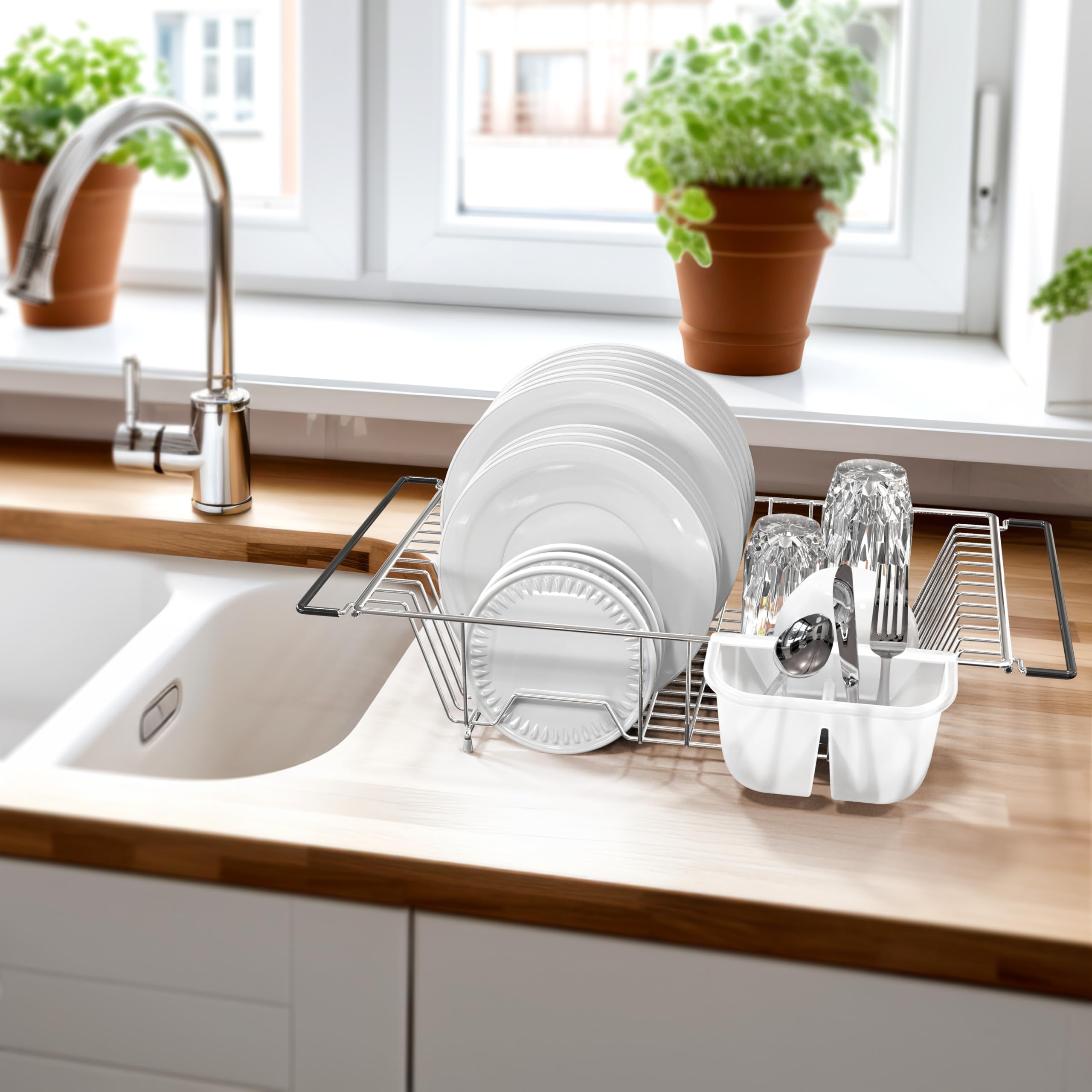 Simple Houseware 21-inch wide drying rack fits countertops for extra drying space.