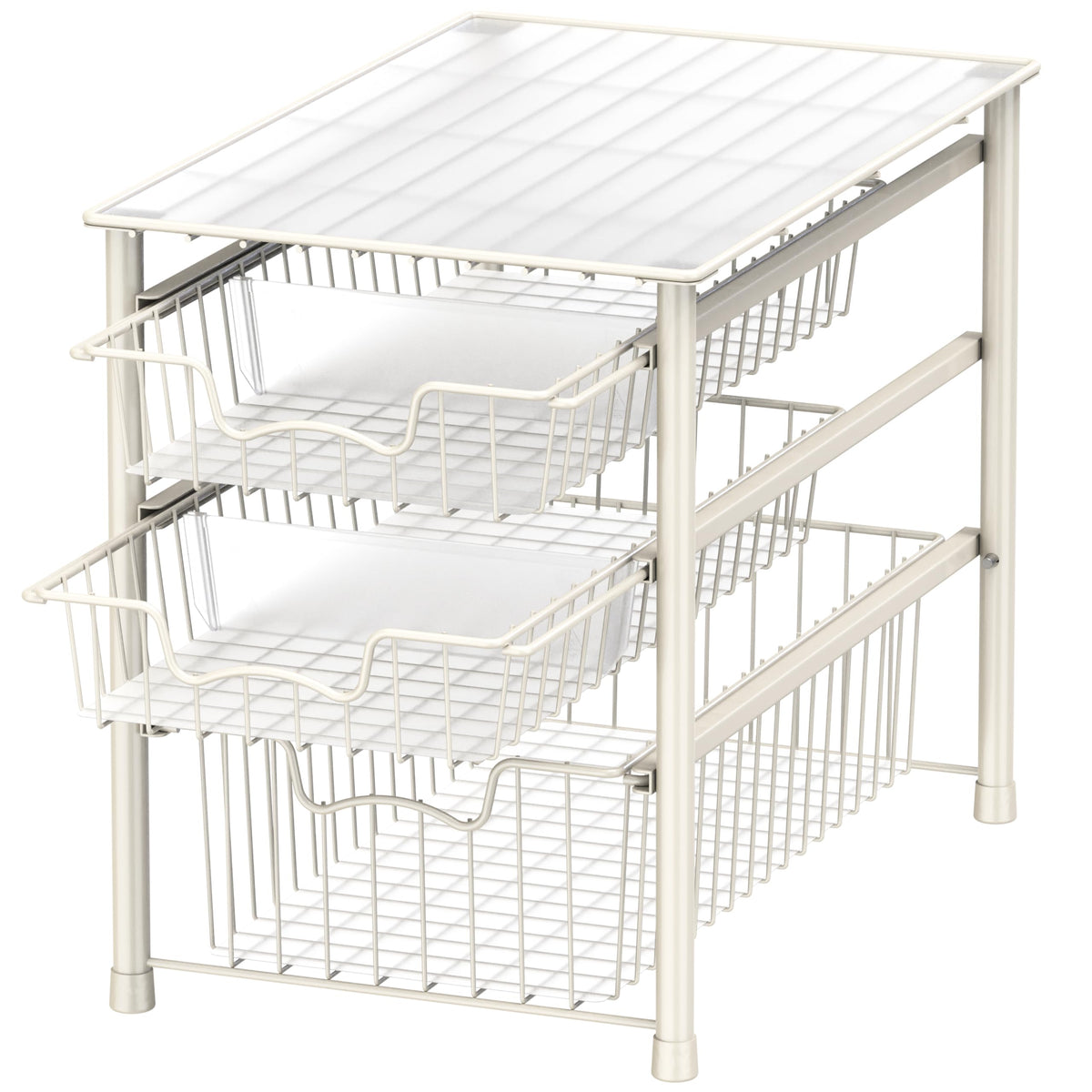 Simple Houseware 3-tier sliding basket in bathroom neatly stores toiletries and towels.