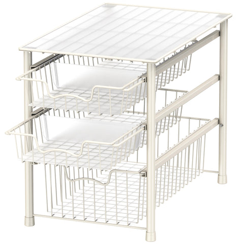 Simple Houseware 3-tier sliding basket in bathroom neatly stores toiletries and towels.