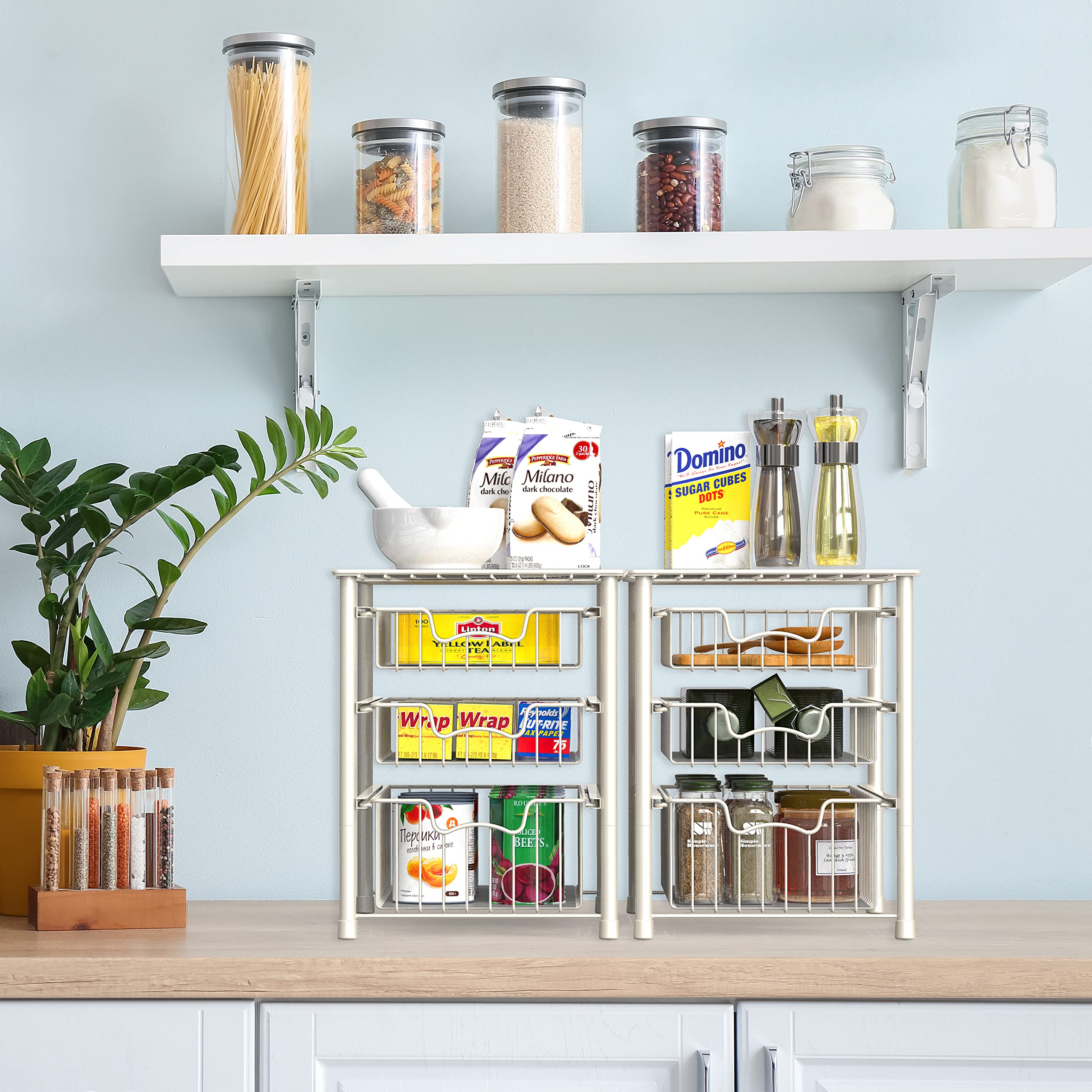Simple Houseware 3-tier sliding basket in kitchen keeps spices and gadgets within reach.
