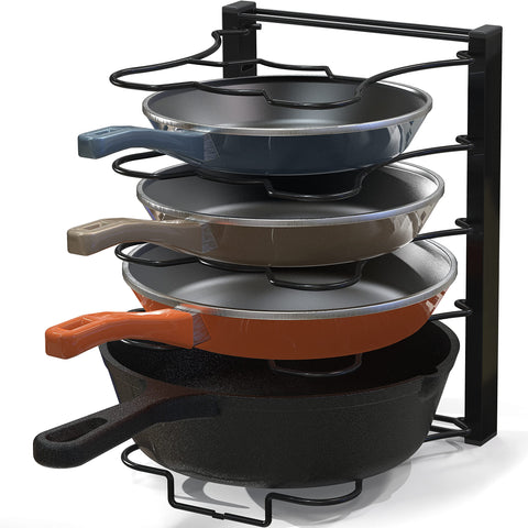 Simple Houseware 5-compartment pan organizer keeps pots neatly arranged and accessible.